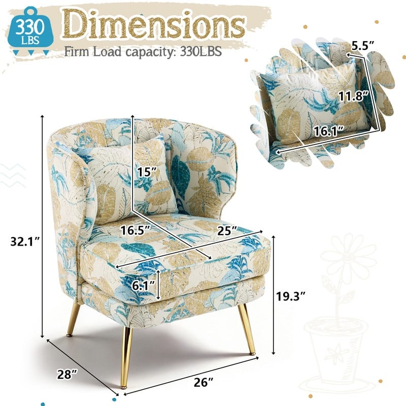 Mid Century Modern Upholstered Reading Chair with Lumbar Pillow, Gold Metal Legs, Small Space Friendly for Living Room Bedroom