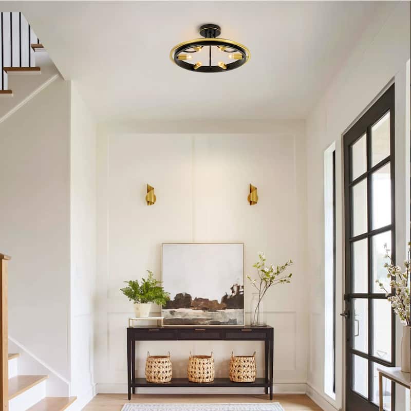 21.7" 6-Light Industrial Mette Black & Gold Wagon-Wheel Circle Ring Semi-Flush Mount Ceiling Light for Living Room, Kitchen