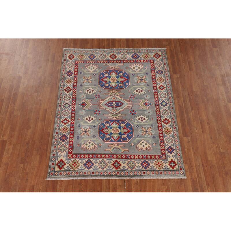 Gray Geometric Kazak Area Rug Hand-Knotted Wool Carpet - 5'2" x 6'7"