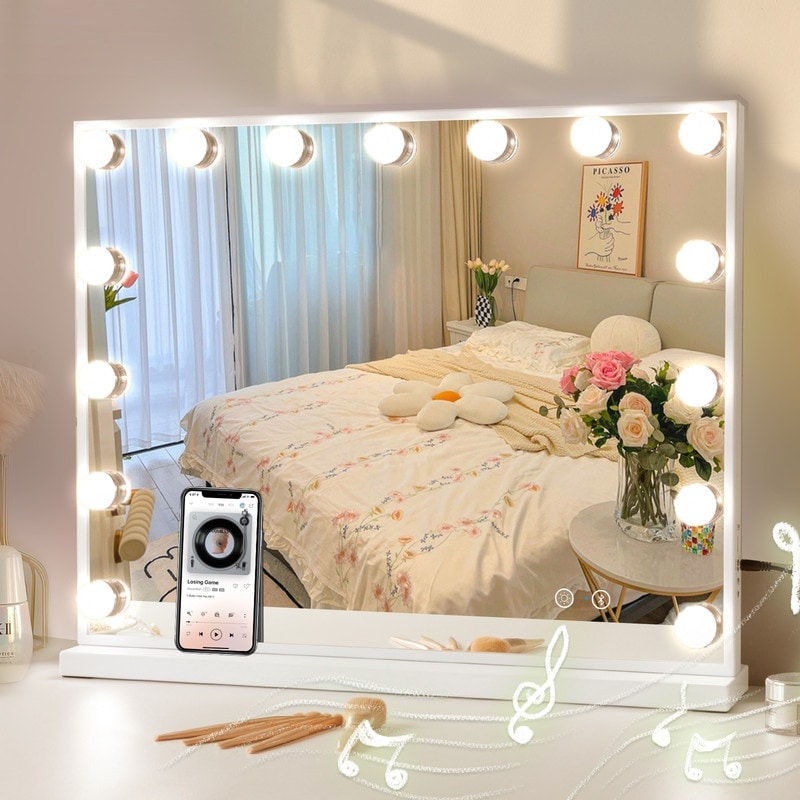 VANITII Large Hollywood Vanity Makeup Mirror with 15 LED Bulbs 3 Color Lights Bluetooth Tabletop Wall Mount Metal White