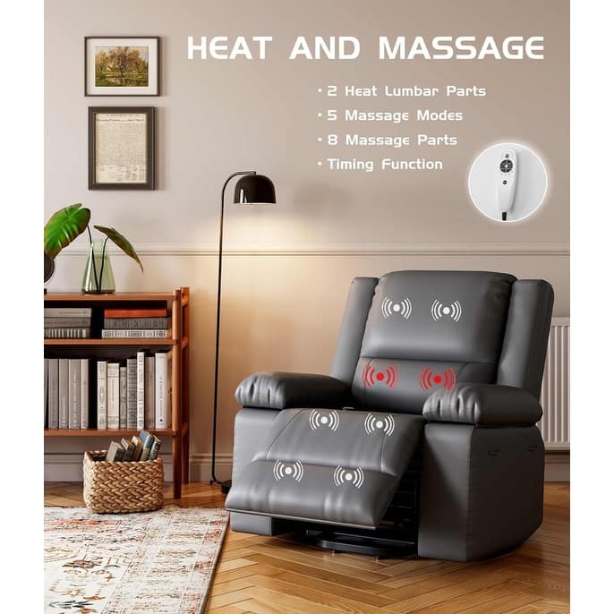 Leather Power Lift Recliner with Heat & Massage, Pockets for Elderly - Grey 27" Extra Wide