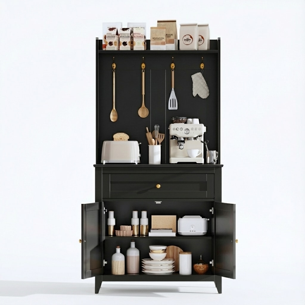 Pantry Cabinet with 4 Hooks, Kitchen Pantry Cabinet, Coffee Bar Table with Drawer & Adjustable Shelves