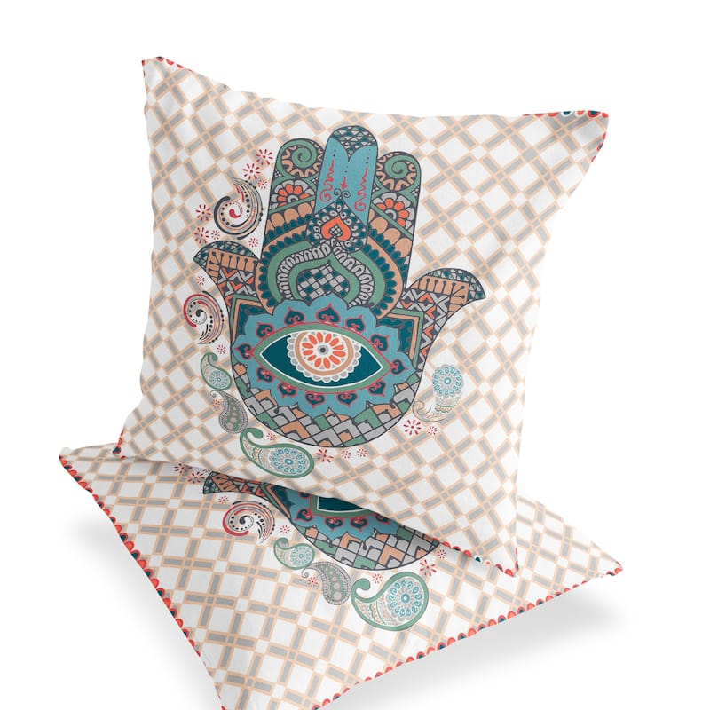 HomeRoots Set of Two 16" X 16" Blue and Orange Blown Seam Hamsa Indoor Outdoor Throw Pillow - 16.00' X '16.00' X '5.00