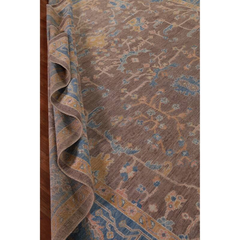 Hand Knotted Oriental 100% Wool Carpet Transitional All-Over Brown Oushak Area Rug - 12' 4'' X 9' 5''