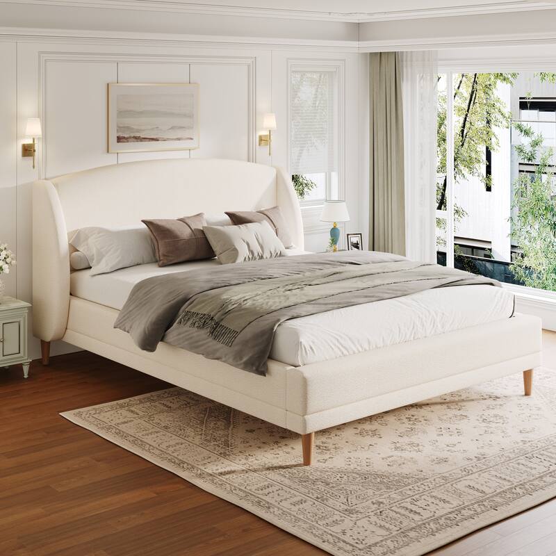 Boucle Upholstered Platform Bed with Rounded Corner Wingback Headboard