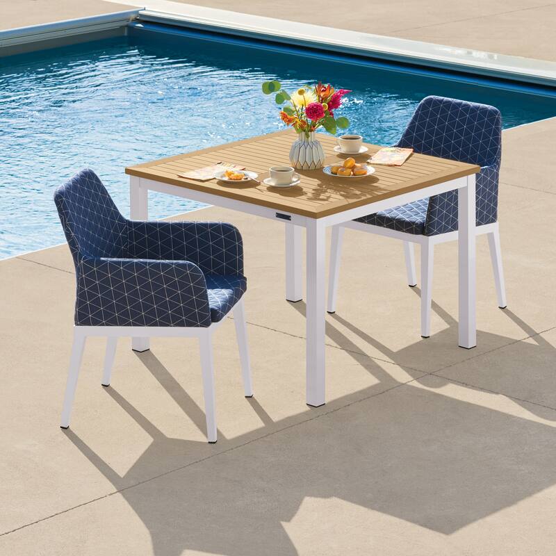 Oxford Garden Oland 3-Piece 39" Square Dining Table and Armchairs - Chalk Frame - Spectrum Indigo Quilted Upholstery & Cushion - Natural