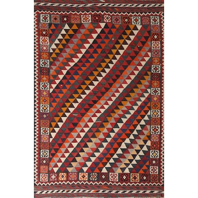 Geometric Kilim Qashqai Persian Vintage Area Rug Flatweave Wool Carpet - 5'0" x 7'10"