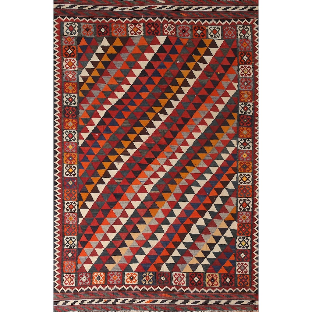 Geometric Kilim Qashqai Persian Vintage Area Rug Flatweave Wool Carpet - 5'0" x 7'10"