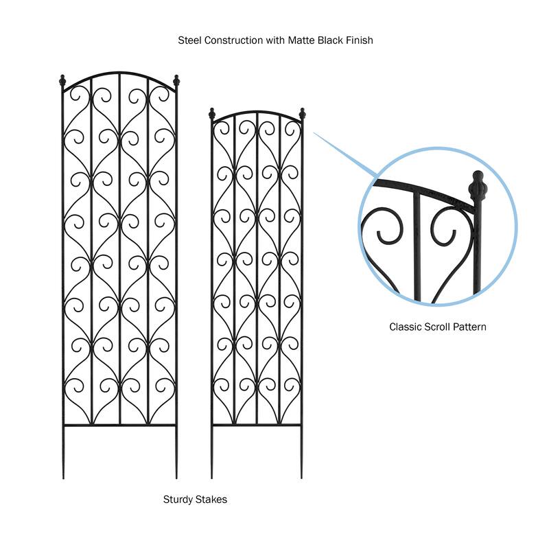 Set of 2 Garden Trellises - Decorative Scroll Metal Panels with 7.75-Inch Stakes by Pure Garden