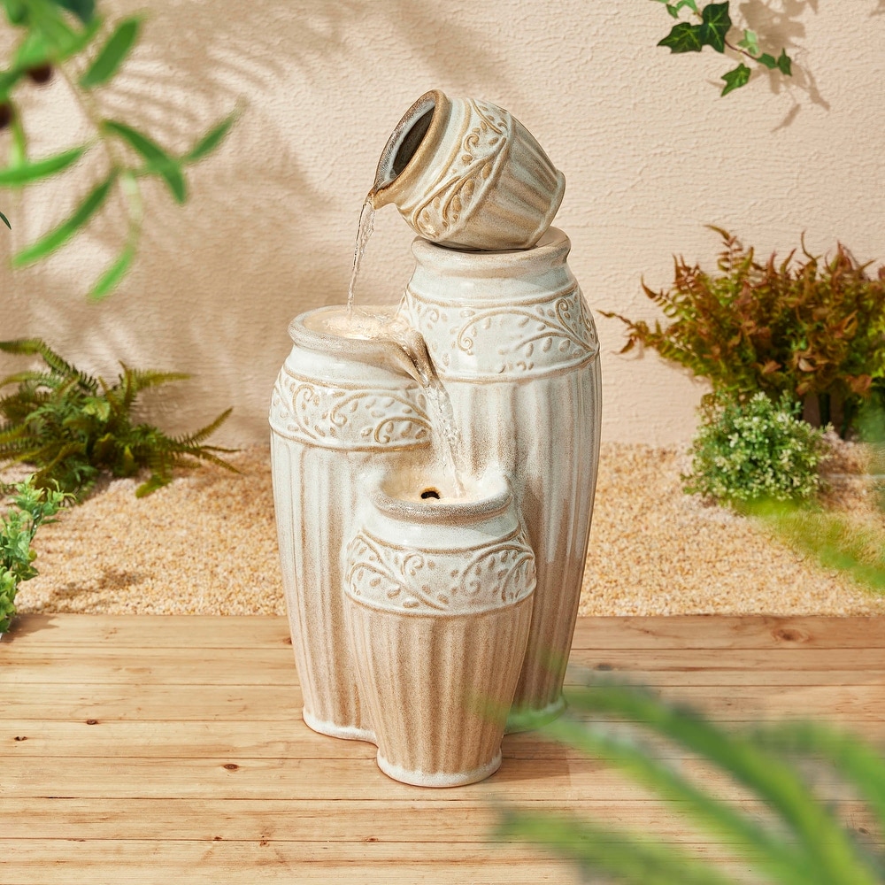 Glitzhome 27"H/35"H 3-Tier or 4-Tier Embossed Pattern LED Ceramic Pots Fountain