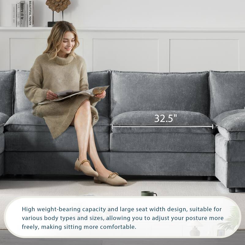 Double Cushions U-Shaped Cloud Couch Sleeper Bed w/ Movable Ottomans