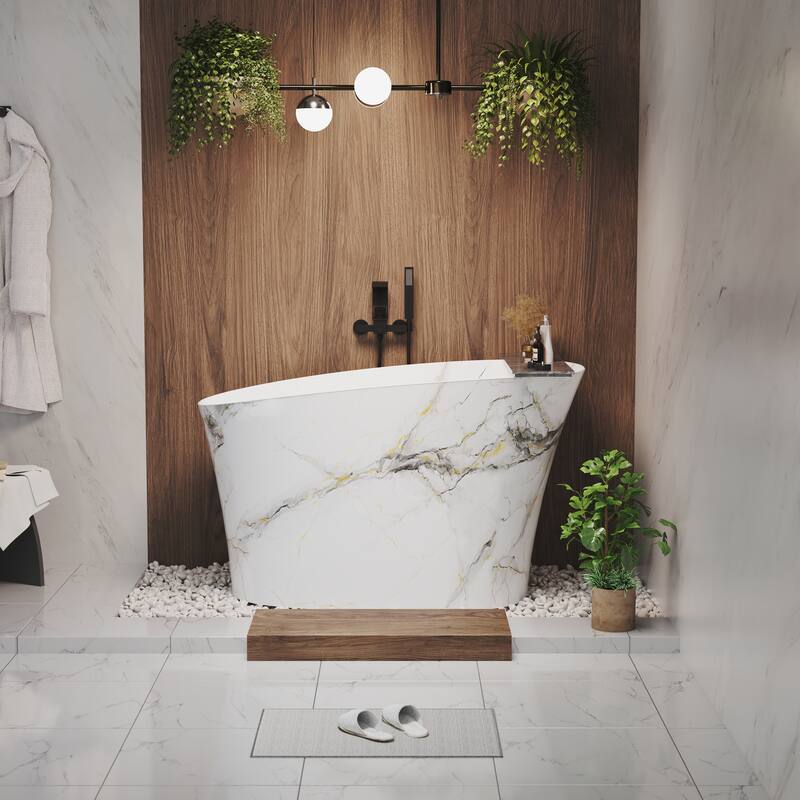 51 in. x 28 in. Solid Surface Freestanding Deep Soaking Bathtub with Built-In Seat, Right Drain, Matte White with Marble Pattern
