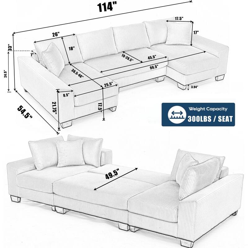 GDFStudio - Oversize 114" Convertible U-Shaped Sleeper Sofa with Pull-Out Bed
