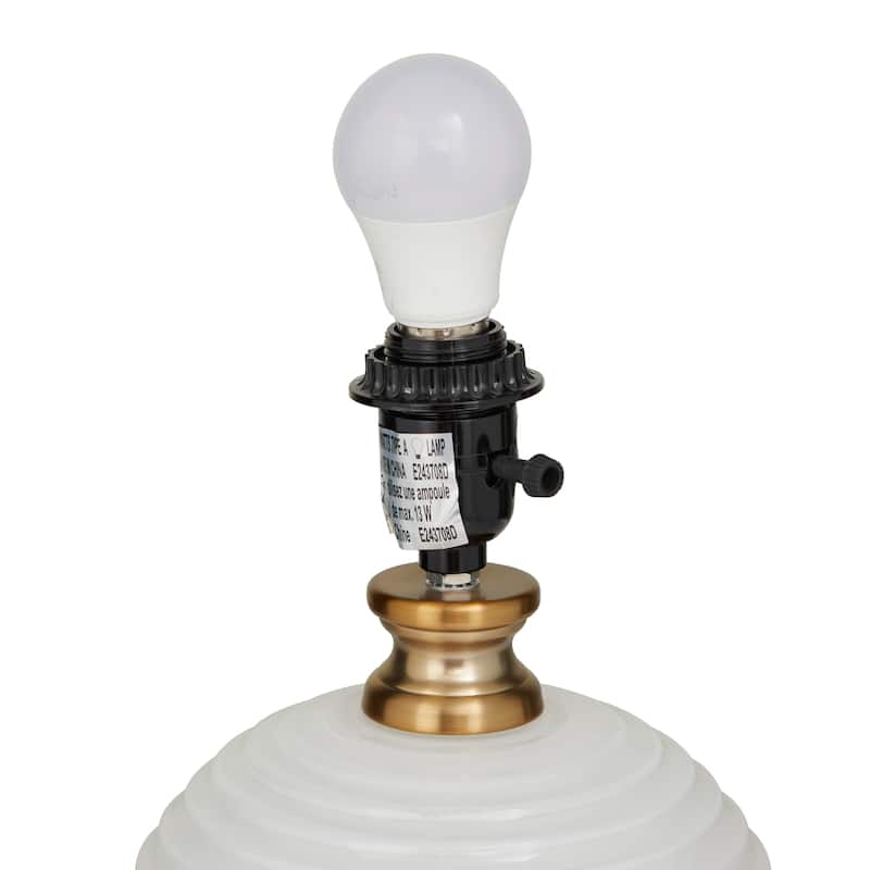 White Glass Ribbed Room Table Lamp with Gold Accents