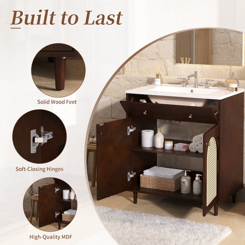 30 Inch Bathroom Vanity with Ceramic Sink, Solid Wood Frame Vanity Cabinet with Rattan Panels and Tip-Out Drawer
