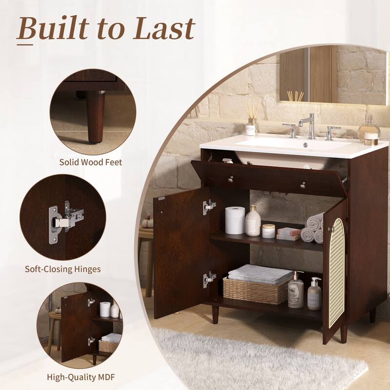 Woven Rattan Bathroom Vanity / Single Ceramic Sink Bathroom Cabinet