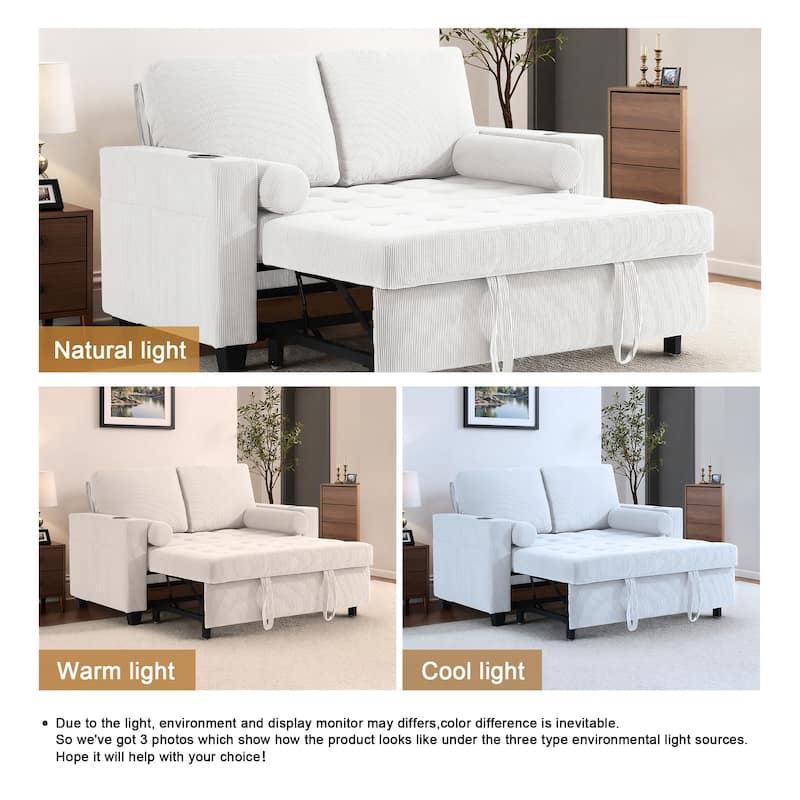3-in-1 Corduroy Sleeper Sofa Pull-Out Bed Convertible Adjustable Loveseat with USB Port