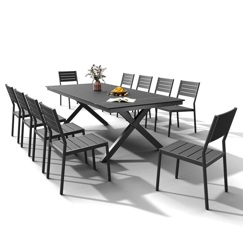 VredHom 11PC Aluminum X Frame Outdoor Patio Dining Set Table with Chairs Umbrella Hole - Table-Black&Chair-Black