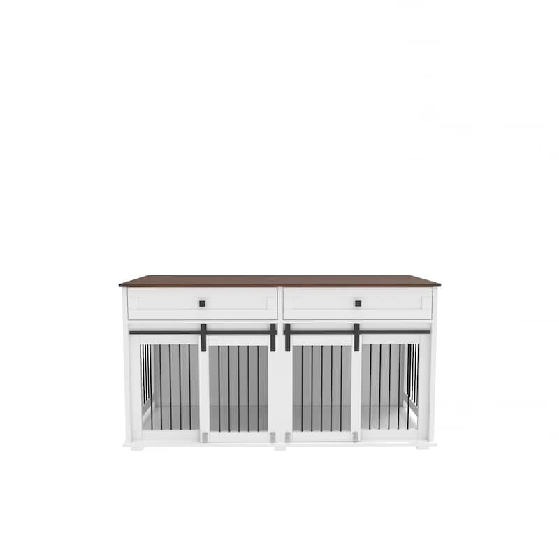 63"Large Dog Crate for Double Dog,Wooden Dog Kennel with 2 Drawers,Divider and Sliding Door,Water Resistant Indoor Pets
