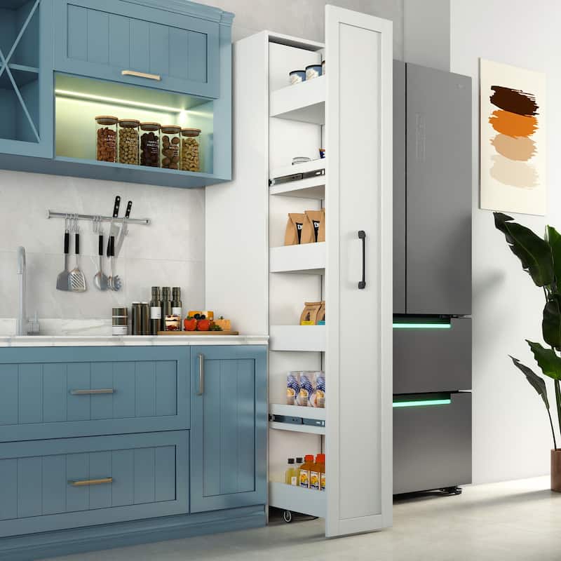 White Large Slim Storage Cart Kitchen Rolling Cart Narrow Cabinet with Handle Wheels Wood Spice Rack Small Spaces - White