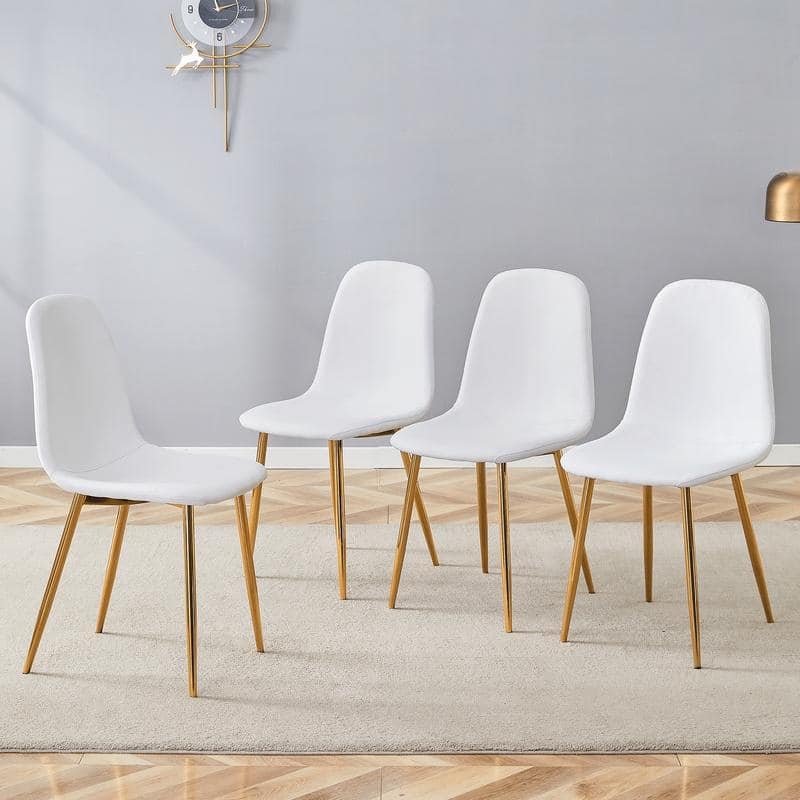 Set of 4 Modern Dining Chairs - Breathable Linen-Cotton Upholstery & Sturdy Integrated Metal Legs - White+Gold