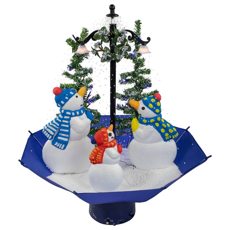 Lighted Musical Snowing Snowman Family in Umbrella Base Christmas Decoration - 30"