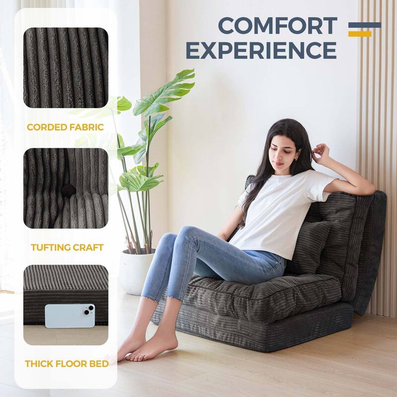 Corduroy Bean Bag Bed Tufted Folding Sofa Bed with Pillows