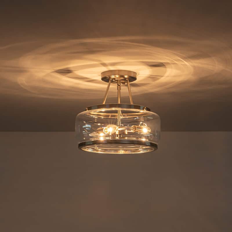 3-Light Industrial-style Black Lantern Glass Semi Flush Mount