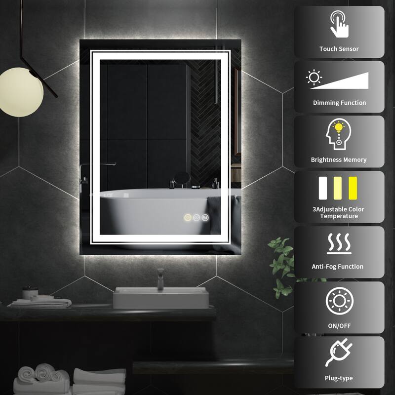Large Rectangular Frameless Anti-Fog LED Wall Bathroom Vanity Mirror - 32'' x 24''