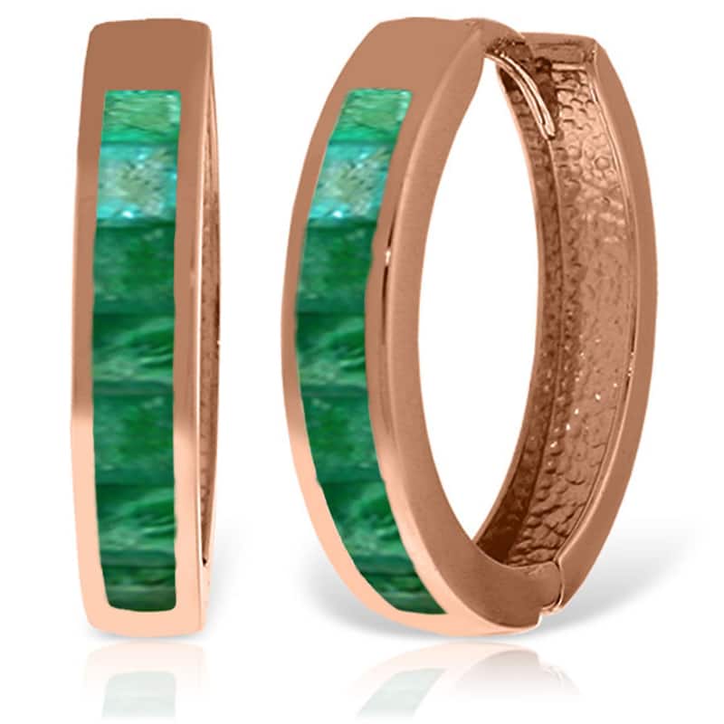 14K Solid Gold Hoop Huggie Gemstone Earrings w/ Natural Emeralds - Rose