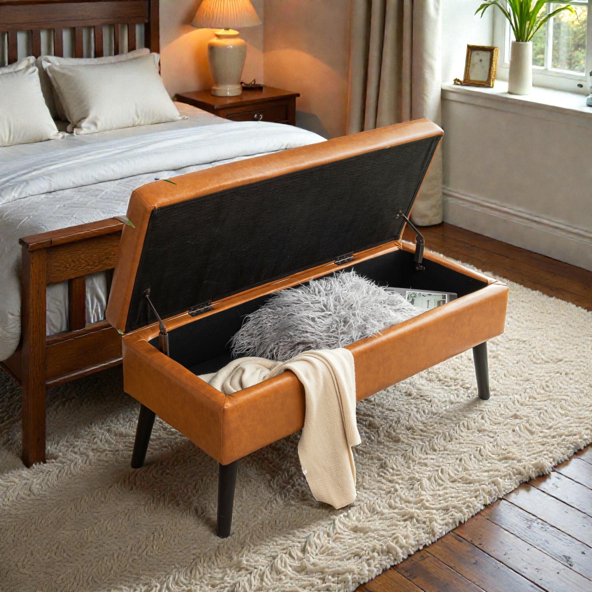 43.3" Upholstered Storage Ottoman Bench with Safety Hinge, Entryway or End of Bed Bench with Hidden Compartment and Wood Legs