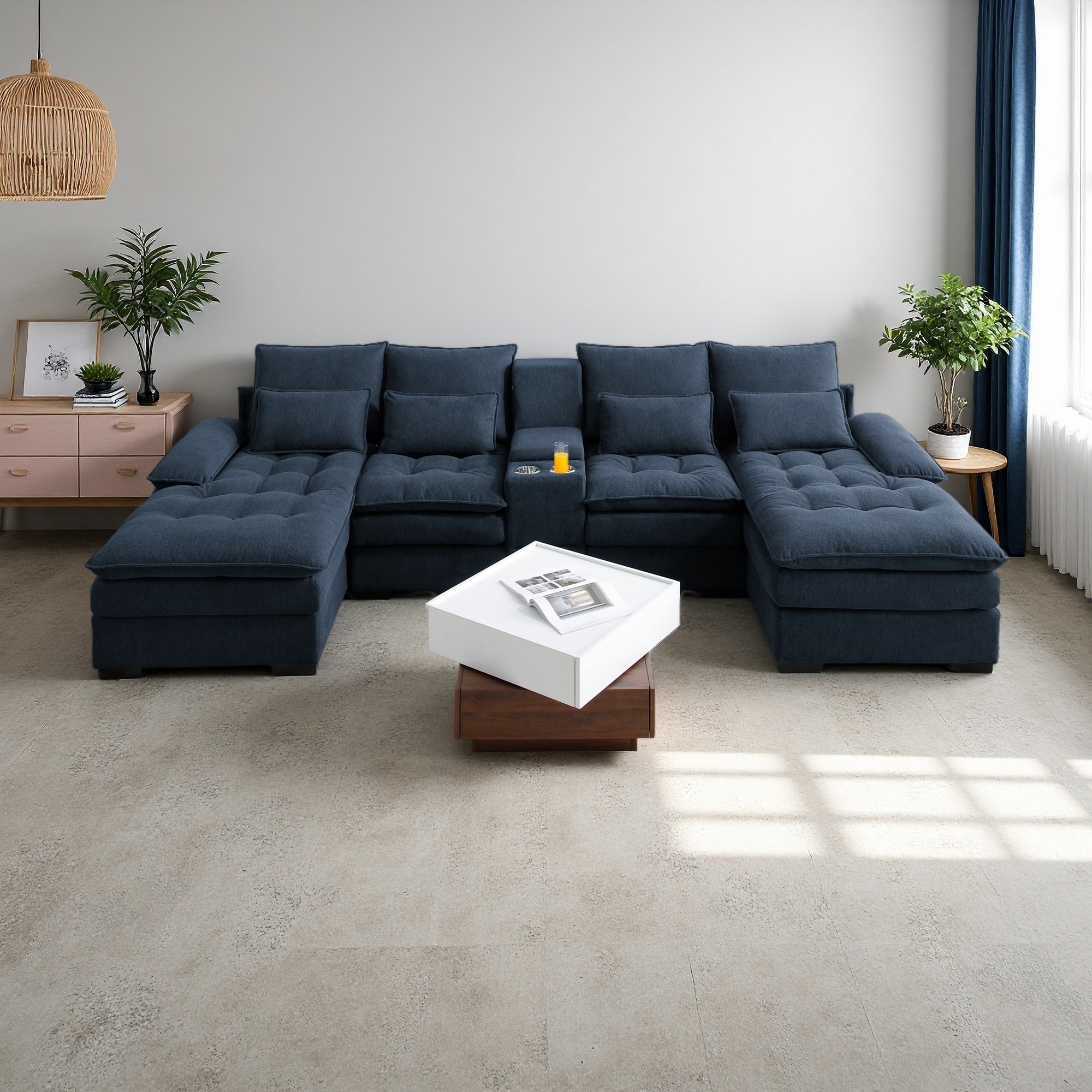 130" Linen U-Shaped 6-Seat Sectional Sofa with Console, Cup Holders and Sleeper Function