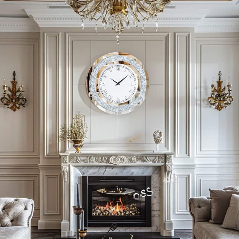 Round Mirror Clock Tinted Crushed Diamond Mirrored Wall Clock - 24"x1.8"x24"