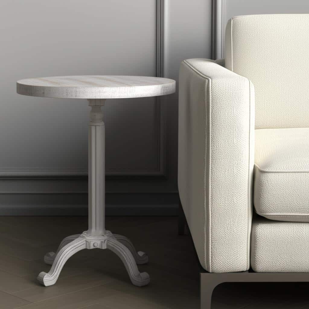 HomeRoots 22" White Solid Wood and Metal Height Adjustable Round Pedestal End Table - 18 in. x 22 in. x 18 in.