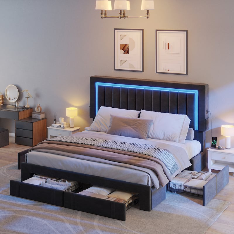 Velvet Upholstered Platform Bed Frame with Adjustable Headboard and 4 Storage Drawers & RGB LED Lights