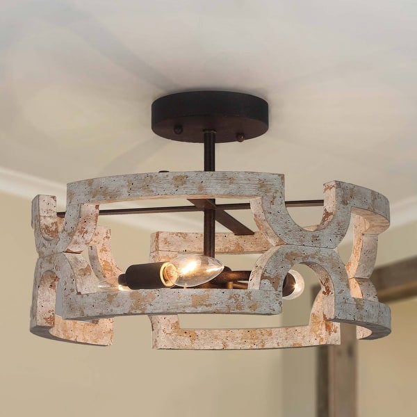 slide 2 of 11, Farmhouse 3-Light Cage Drum Wood Semi-Flush Mount Light - 14" W x 9" H