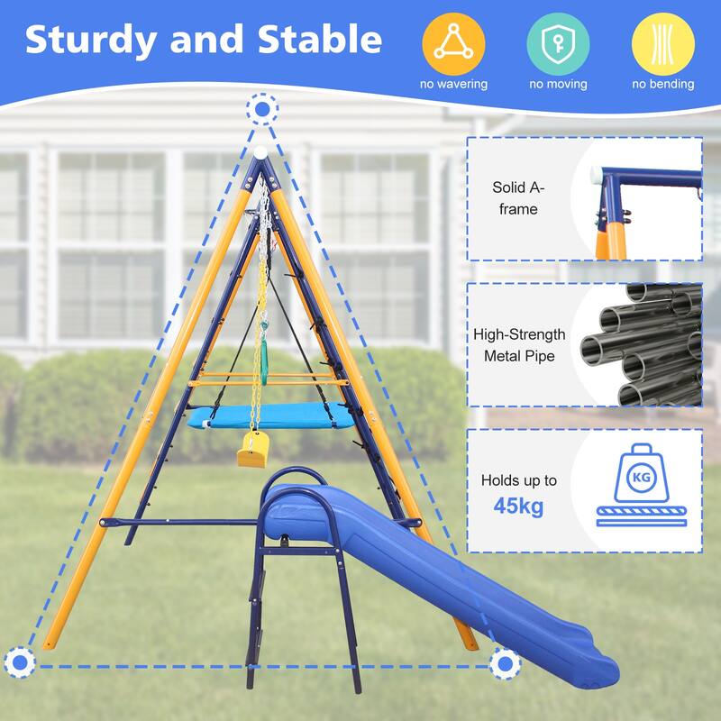 Roomfitters 7-in-1 Metal Swing Set, 500 lbs Capacity, Slide, 2 Swings, Climbing Net, Gym Ring & Basket, Multicolor