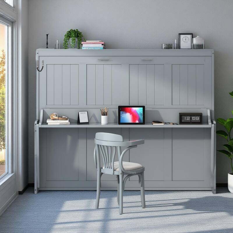 Hydraulic Folding Queen Murphy Bed with Integrated Desk & Hidden Workspace by Harper&Bright Designs - Grey - Full