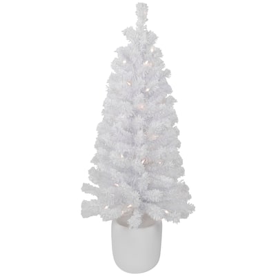 3.5' Pre-Lit Potted Flocked Winter Pine White Tinsel Artificial Christmas Tree Clear Lights