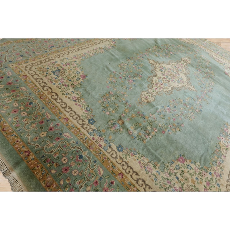 12x15 Hand Knotted Silk Sea Foam Plush Pile Kerman Traditional Rug - 12' x 15'