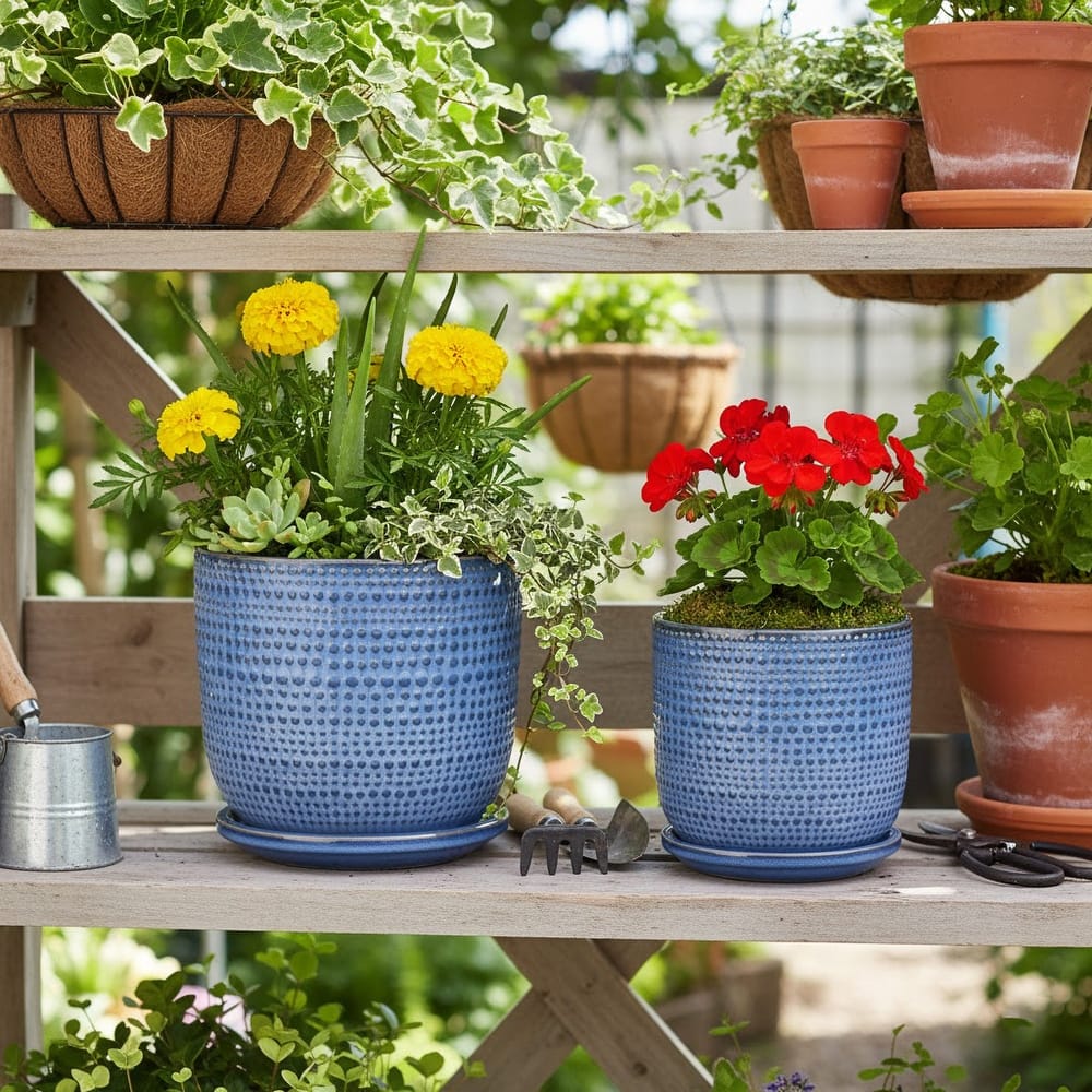 Decorative Round Ceramic Planter with Saucer - Set of 2