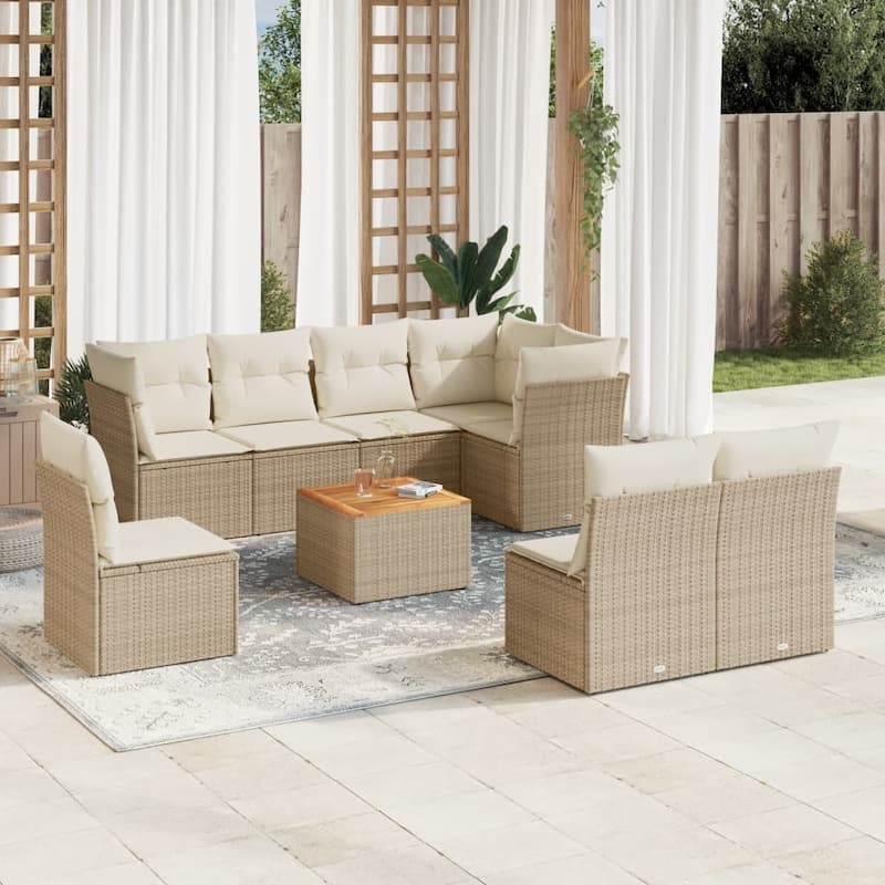 vidaXL Patio Sofa Set with Cushions Outdoor Furniture 9 Piece Poly Rattan - 24.4 x 24.4 x 27.2 - Beige and Cream