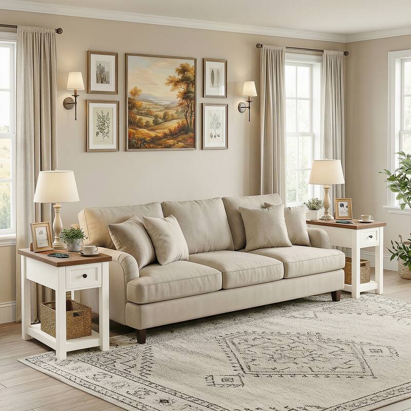 Farmhouse End Table with Wood Drawers and Charging Station, Sofa Side Table, Nightstand