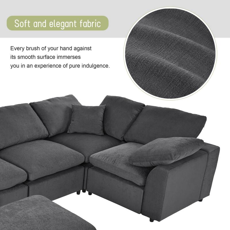129.3'' L-Shaped 7-Seat Sectional Sofa with Ottoman and Pillow for Spacious Living