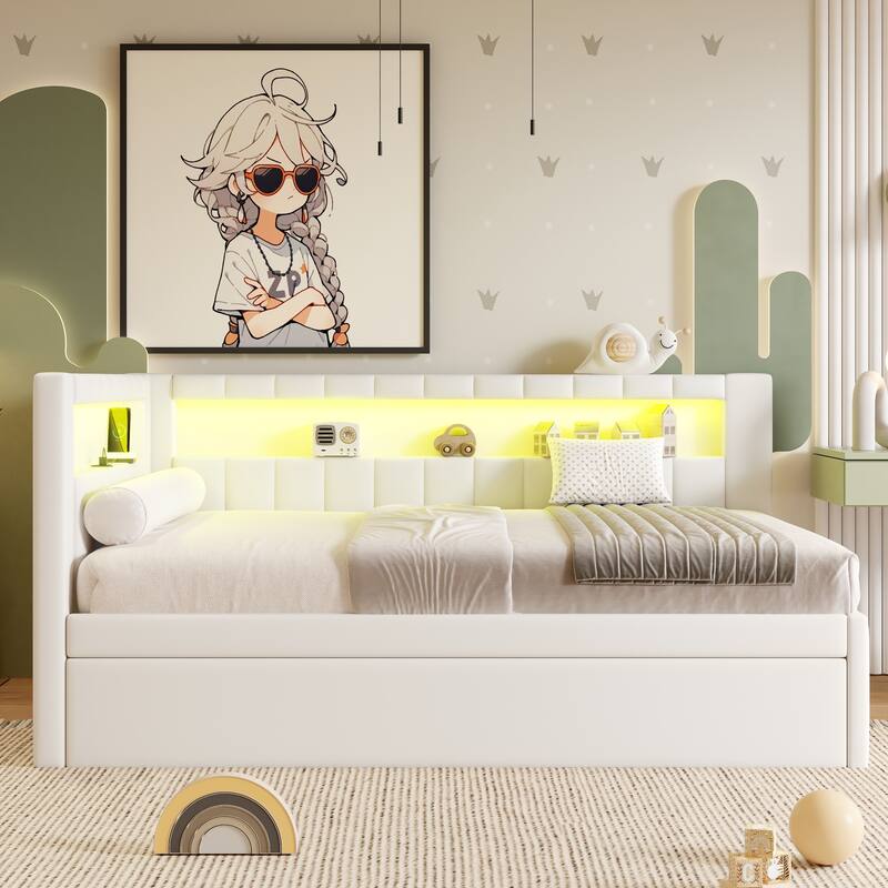 Platform Bed Linen Upholstered Daybed with L-shaped Headboard USB Ports and Light for Night's Sleep, Choose 2 Drawer or Trundle