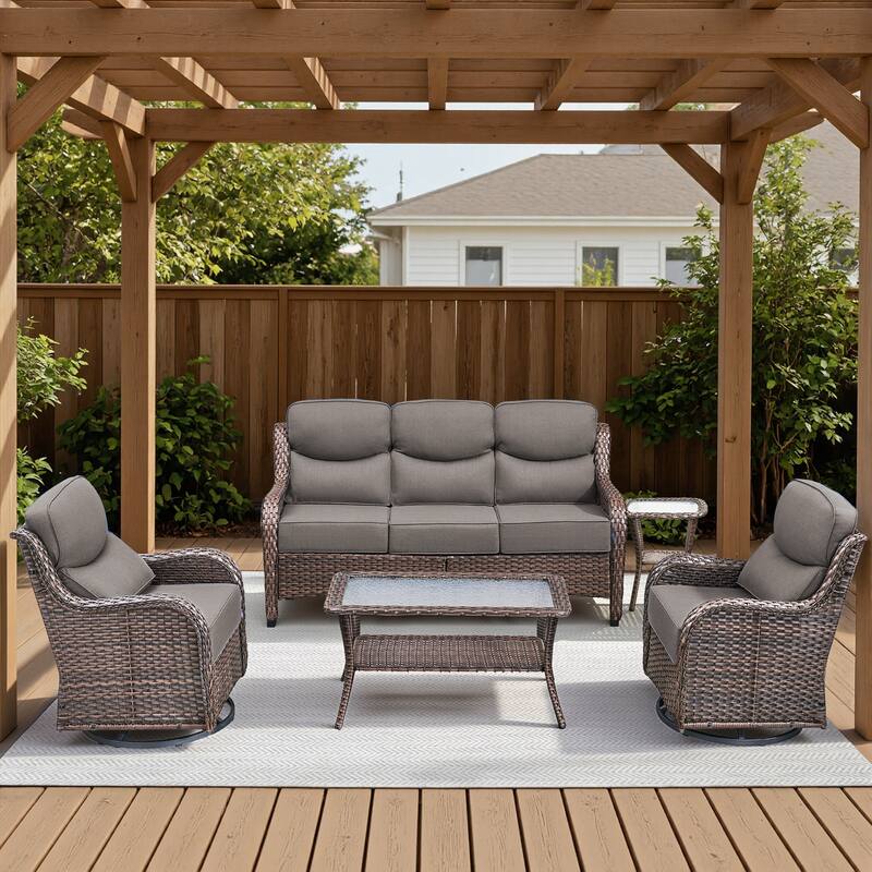 Meyreso 7-Piece Wicker Patio Conversation Set with Swivel Gliders and 6-Inch Thick Cushions - Brown/Gray - 5-Piece