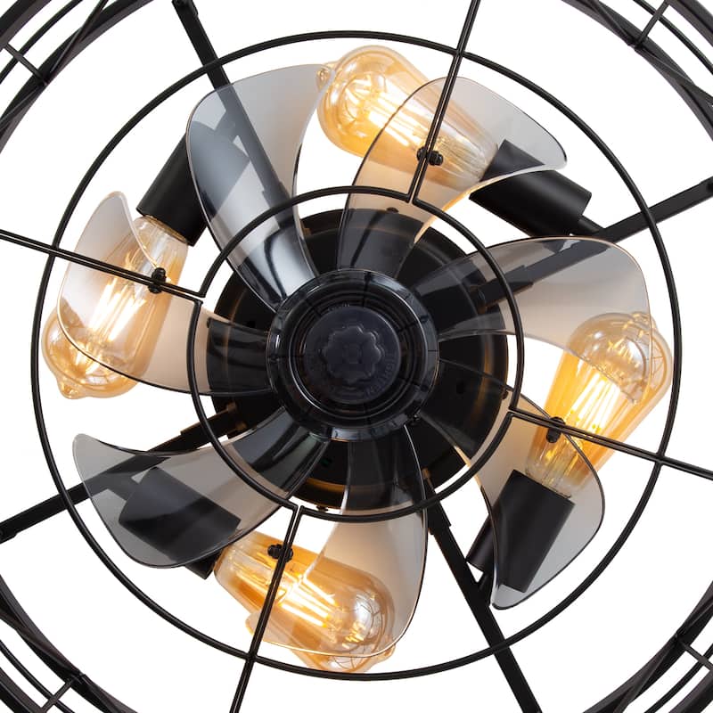 20" 7-Blade Matte Black Flush Mount Caged Ceiling Fan with Light and Remote