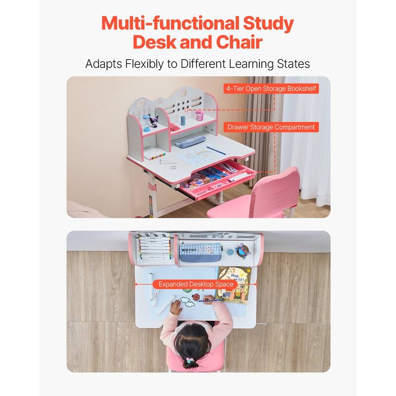 Pink Height Adjustable Kids Study Chair and Desk with Bookshelf and Drawer - 27.56 x 19.69 x (20.87 - 27.95) in