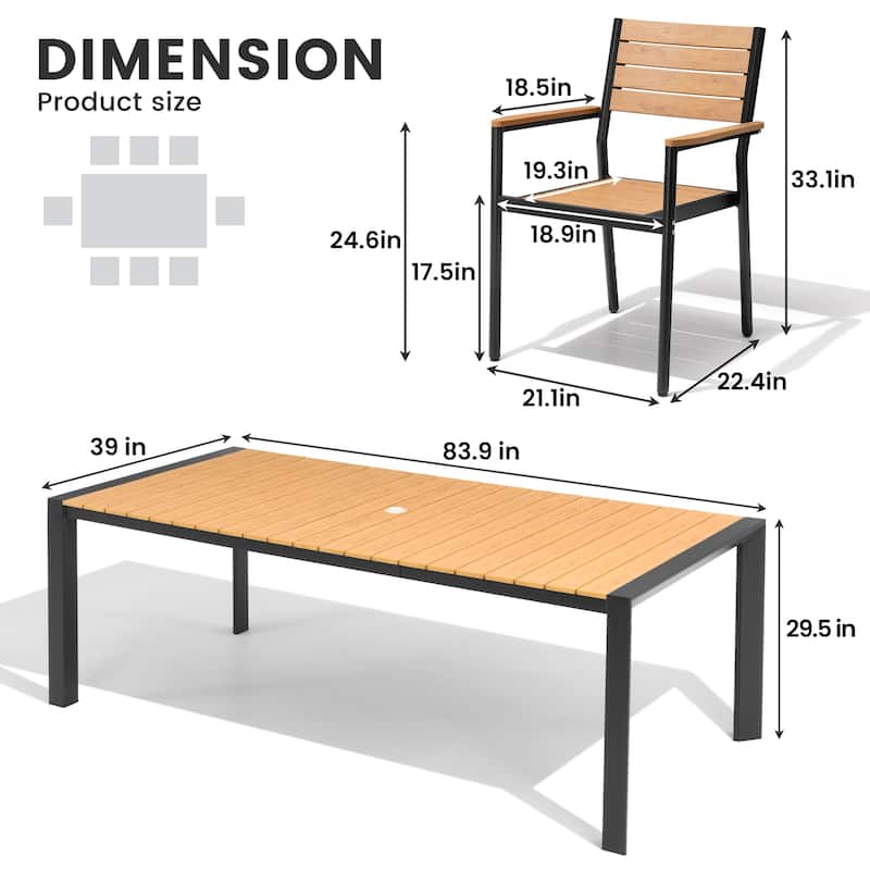 9-Piece Set Outdoor Aluminum Dining Table with Umbrella Hole and Stackable Dining Chairs