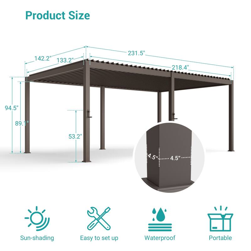 BONOSUKI Outdoor Aluminized Steel Louvered Pergola with Adjustable Roof, Brown